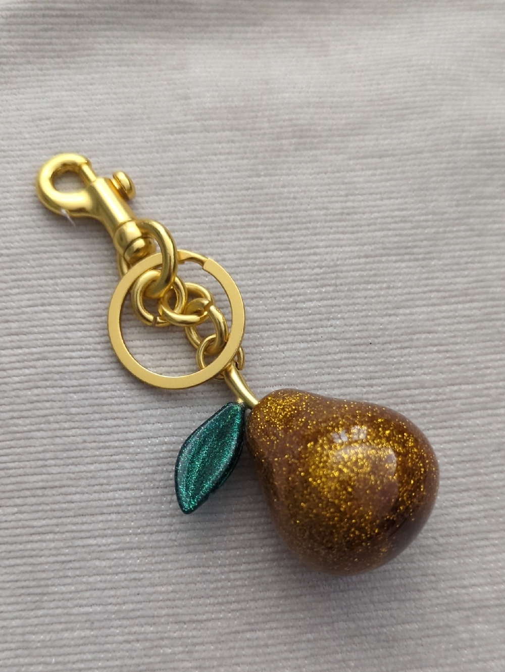 Gold Glitter Pear Keychain with Teal Leaf Charm